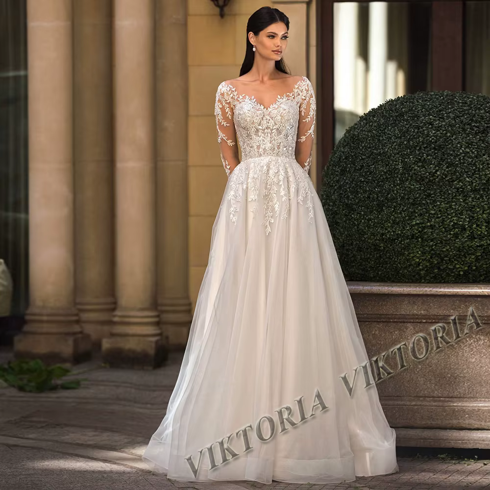 VIKTORIA Vintage col rond robes De mariée pour femme mariée manches longues boutons Tulle plissé Rob