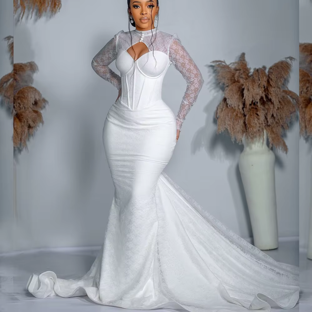 Robes de mariée civile sirène en dentelle mariée africaine à manches longues appliques balayage trai