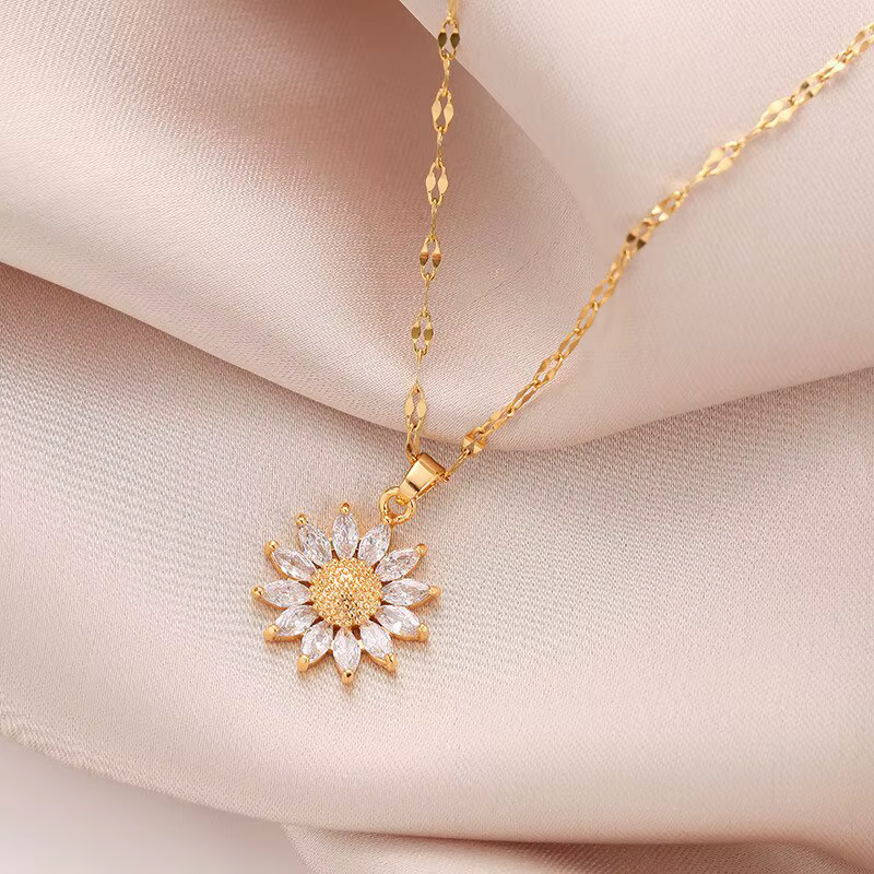 Collier couleur or pour femmes, 1 pièce, pendentif fleur de Style de luxe léger incrusté de zircone,