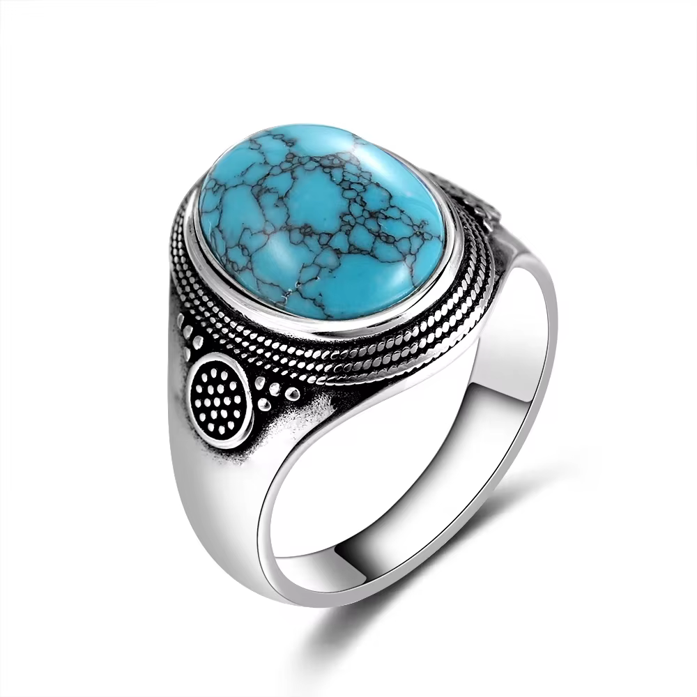 Bague de luxe Vintage en argent S925, 10x14MM, grand ovale, Turquoise naturelle, pour femmes et homm