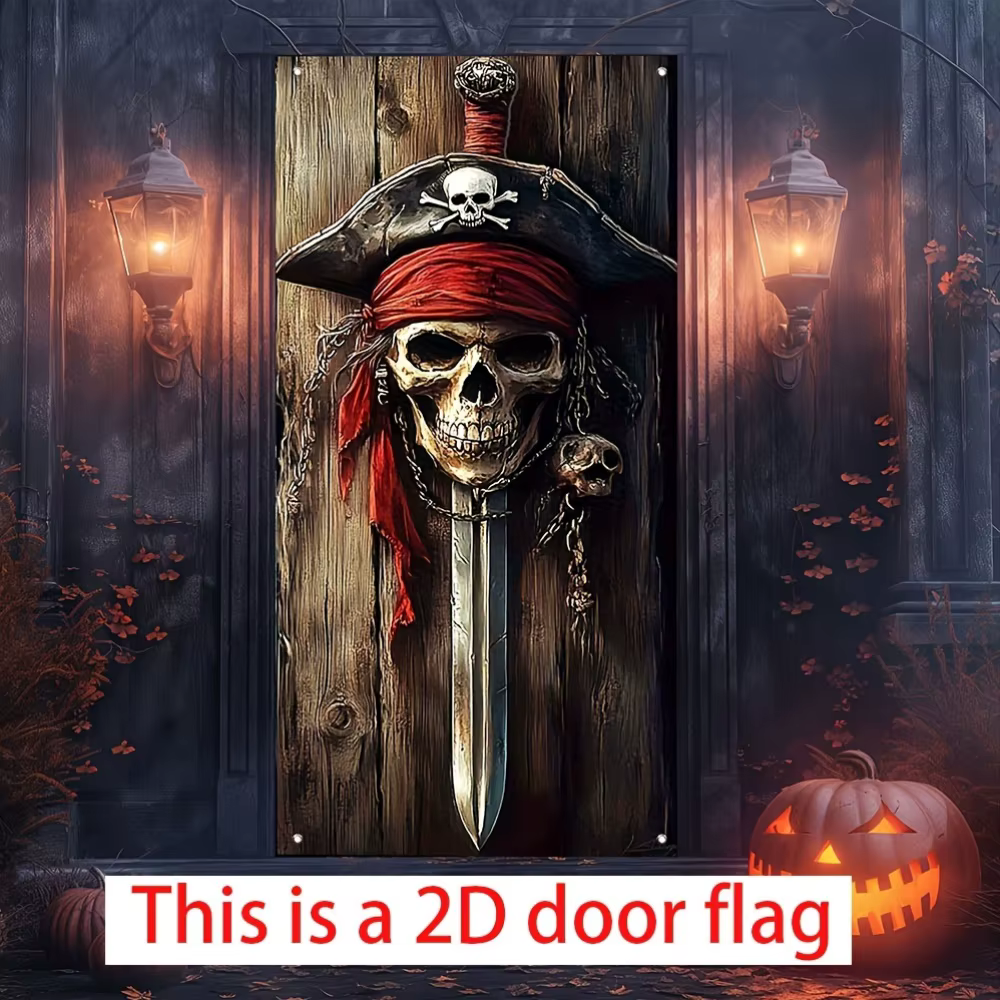 1 drapeau de porte 2D, crâne de pirate et drapeau de porte en os croisé, décoration extérieure, adap