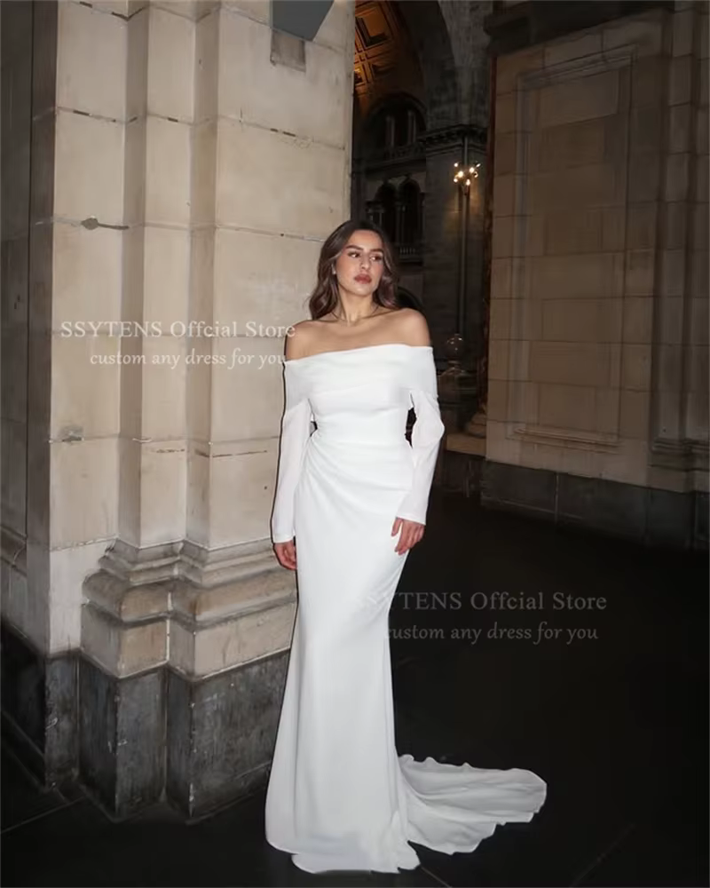 SSYTENS Robe de mariée sirène simple à manches longues, sexy, épaules dénudées, plissée, col bateau,