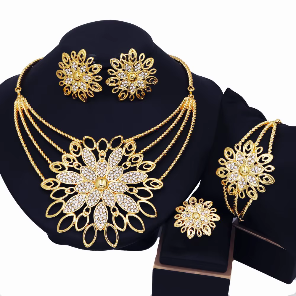 YTJX – ensemble de bijoux de mariage africains de luxe, plaqué or 18 carats, grande fleur, collier, 
