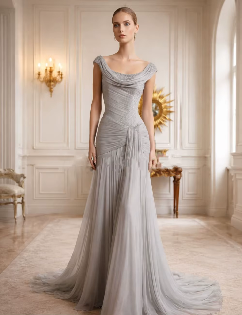Robe sirène grise personnalisée en mousseline de soie plissée, drapée, ornée de perles et de sequins