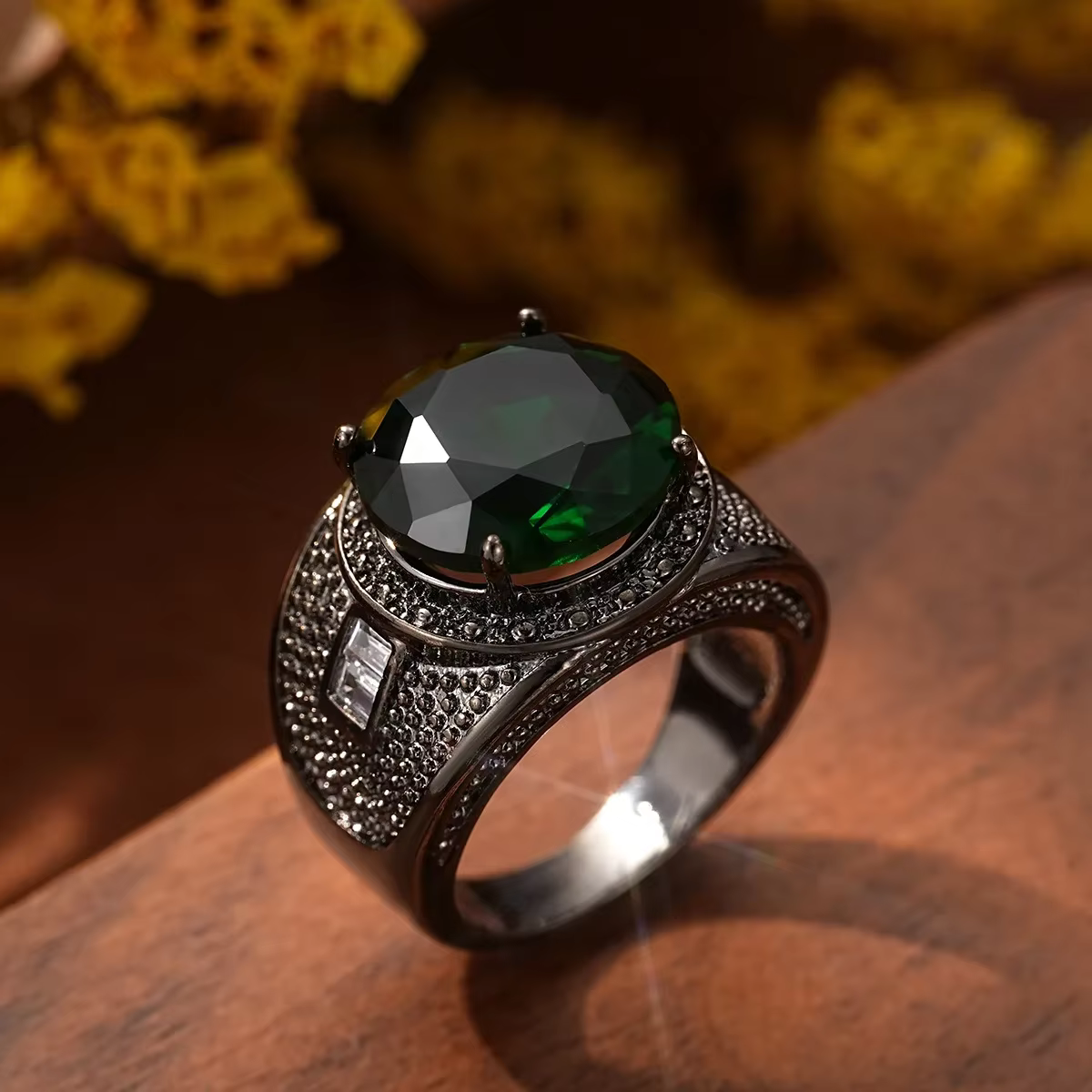 Solitaire 14K plaqué or laboratoire diamant bague hommes/femmes bijoux fête mariage noir émeraude pi