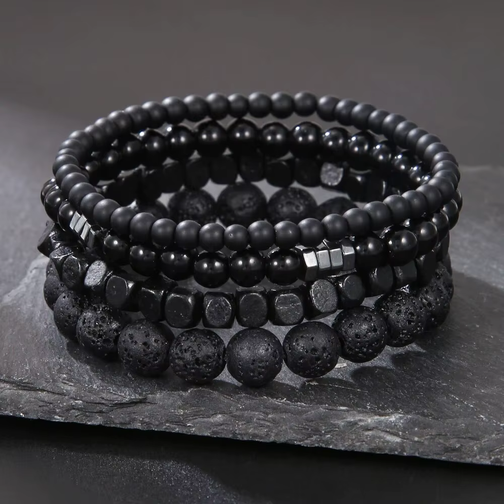 4 pièces/ensemble pierre de galle noire pierre volcanique perles de bois multicouche hommes combinai