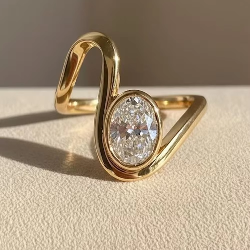 Nouvelle bague solitaire ovale en CZ, plaquée or 14 carats, bande torsadée, style minimaliste, bague