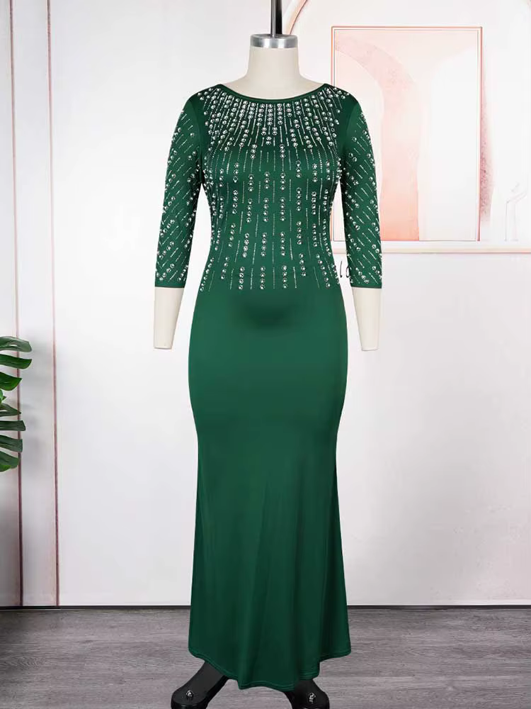 Robes de soirée grande taille pour femmes, élégantes, couleur unie, diamant, longues, Maxi, manches 
