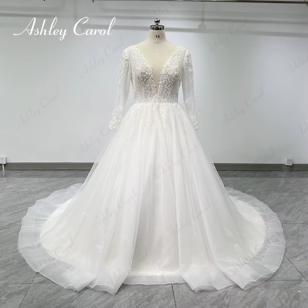 Ashley Carol robes De mariée col en v profond a-ligne princesse vraies Photos Appliques brosse Train