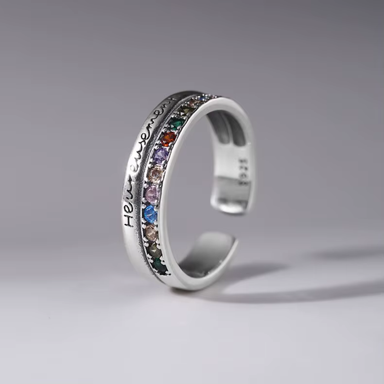 Bijoux de luxe en argent sterling 925, bagues ajustables à deux couches de zircon coloré pour femmes