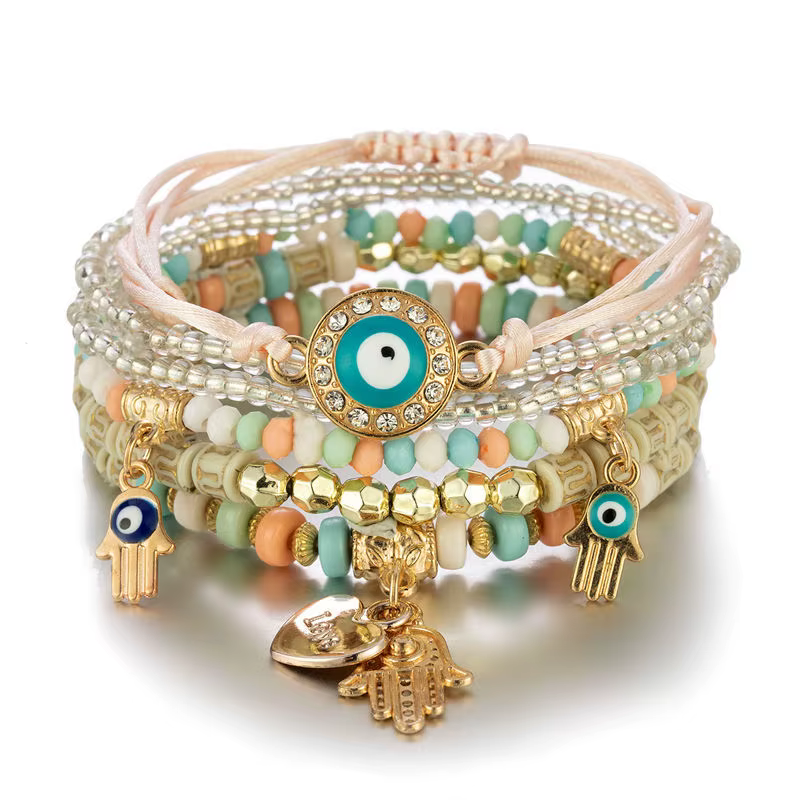 Ensemble de bracelets bohème mauvais œil pour femmes, 6 pièces, main de Fatima, cœur, breloque, cord