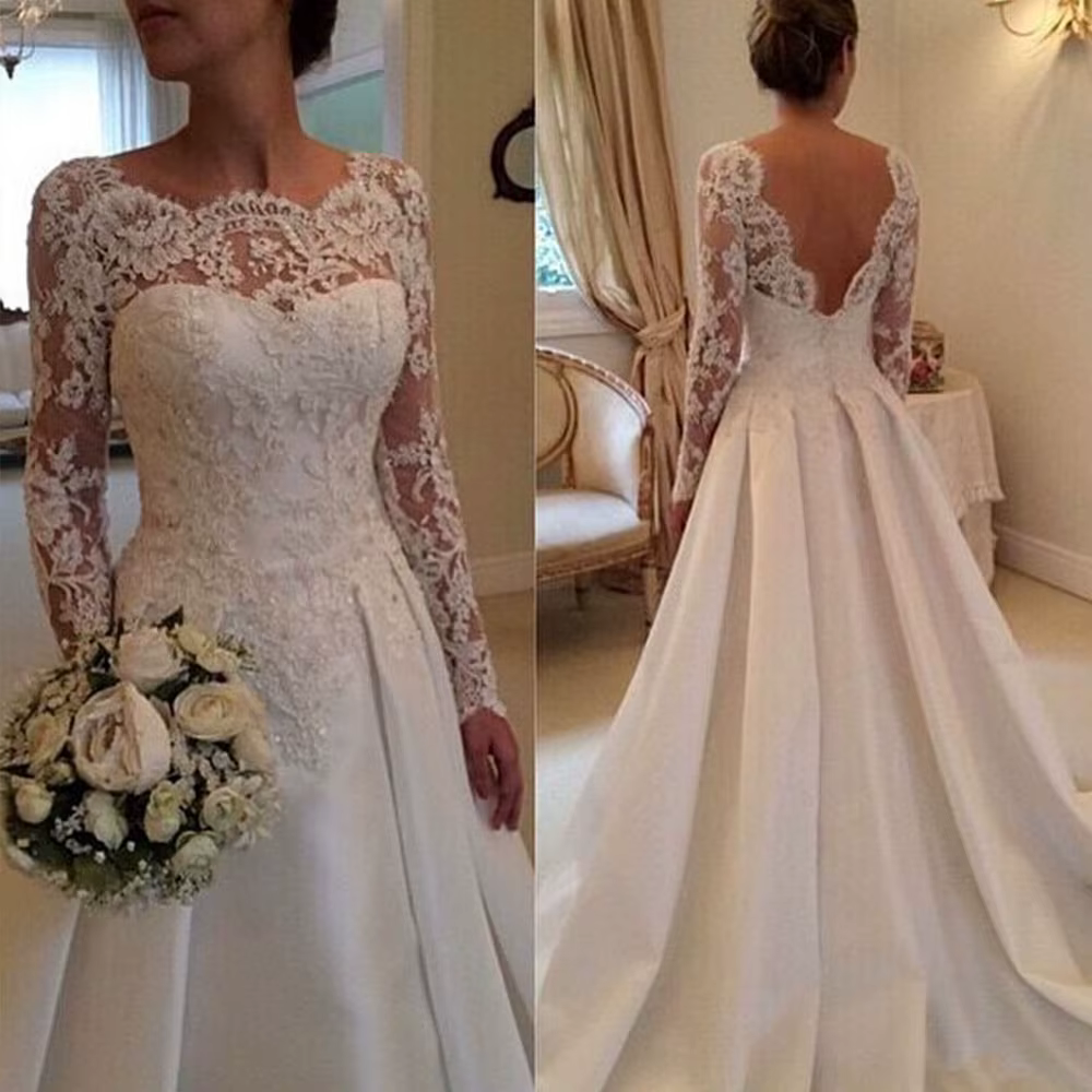Robe de mariée élégante en Satin et dentelle, Vintage, dos nu, manches longues, sur mesure, 2020, 20