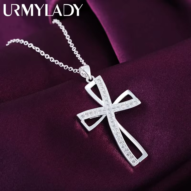 Promotions 45 cm 925 collier en argent sterling breloque pour les femmes cyrstal croix pendentif cha
