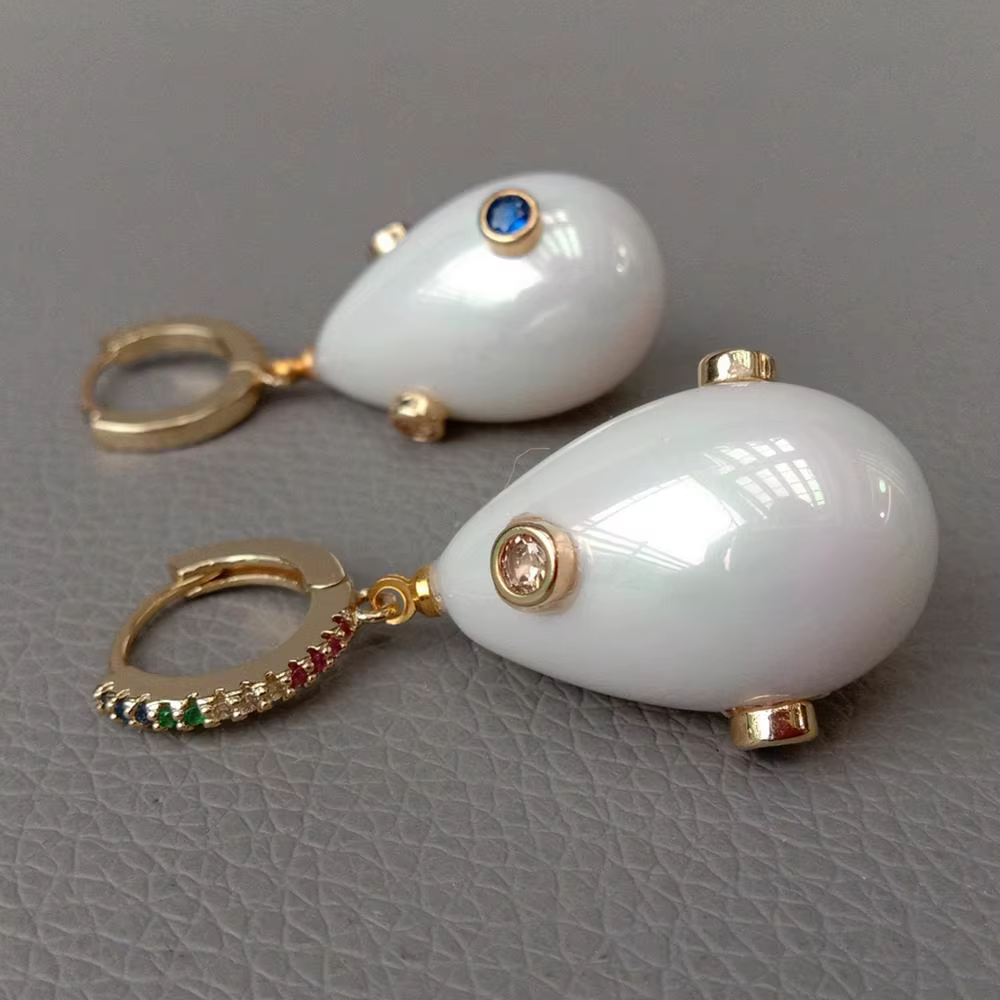 KKGEM 16x25mm blanc coquille de mer perle couleur mixte zircon cubique pavé couleur or boucles d'ore