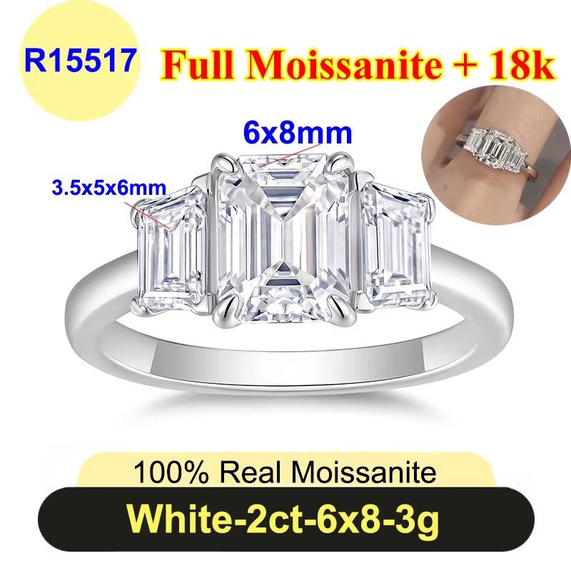 Bague Moissanite complète à trois pierres pour femmes, coupe émeraude 3ct, plaque en argent 925, cou