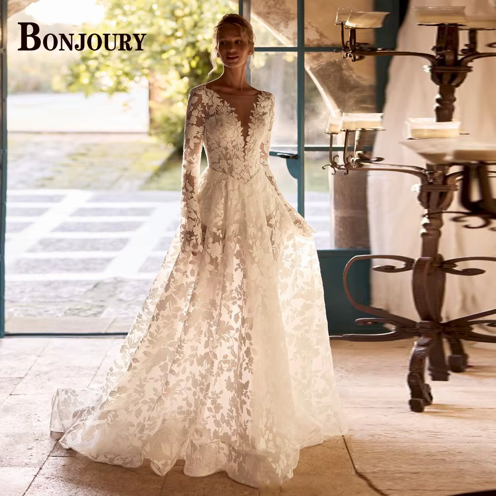 Robes de mariée modernes BONJOURY pour la mariée avec appliques, col en V, coupe trapèze, boutons, t