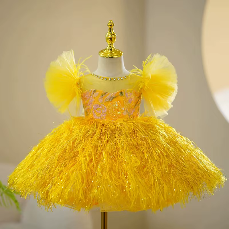 Jill Wish J424 robe de fille de fleur d'or avec dentelle princesse manches bouffantes enfant en bas 
