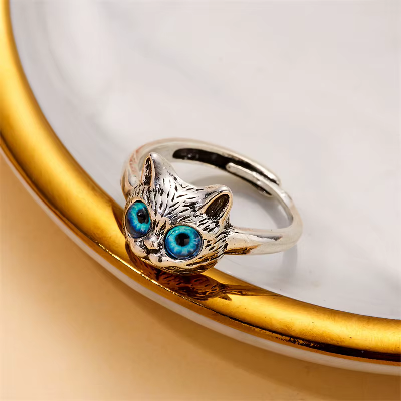 Bague ouverte œil de chat coloré pour femme, bijoux animaux réglables en métal, document argenté, ca