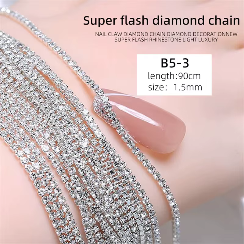 RSNAIL 1pc doré argenté Nail Art chaînes décorations 90cm Nail Art strass griffe chaîne 3D Punk luxe