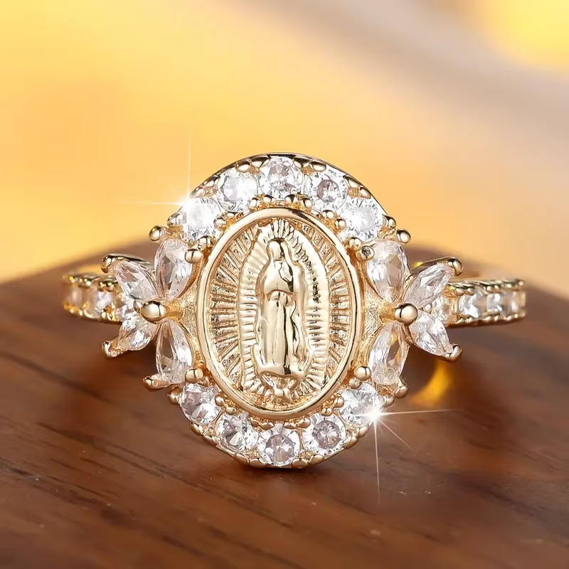 Bague religieuse exquise en zircone cubique incrustée de la vierge marie pour femmes, tendance Hip-h