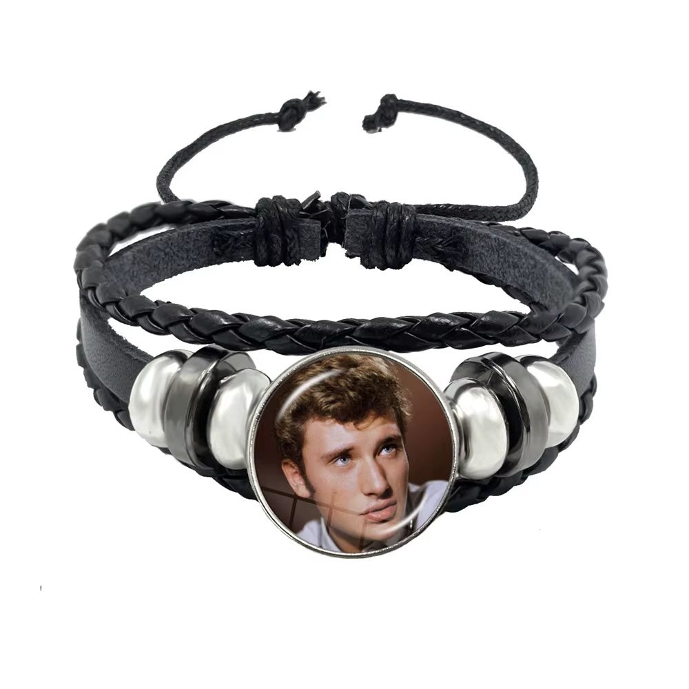 Johnny Hallyday Bracelet en cuir multicouche Rock Star Art affiche verre bracelets faits à la main B