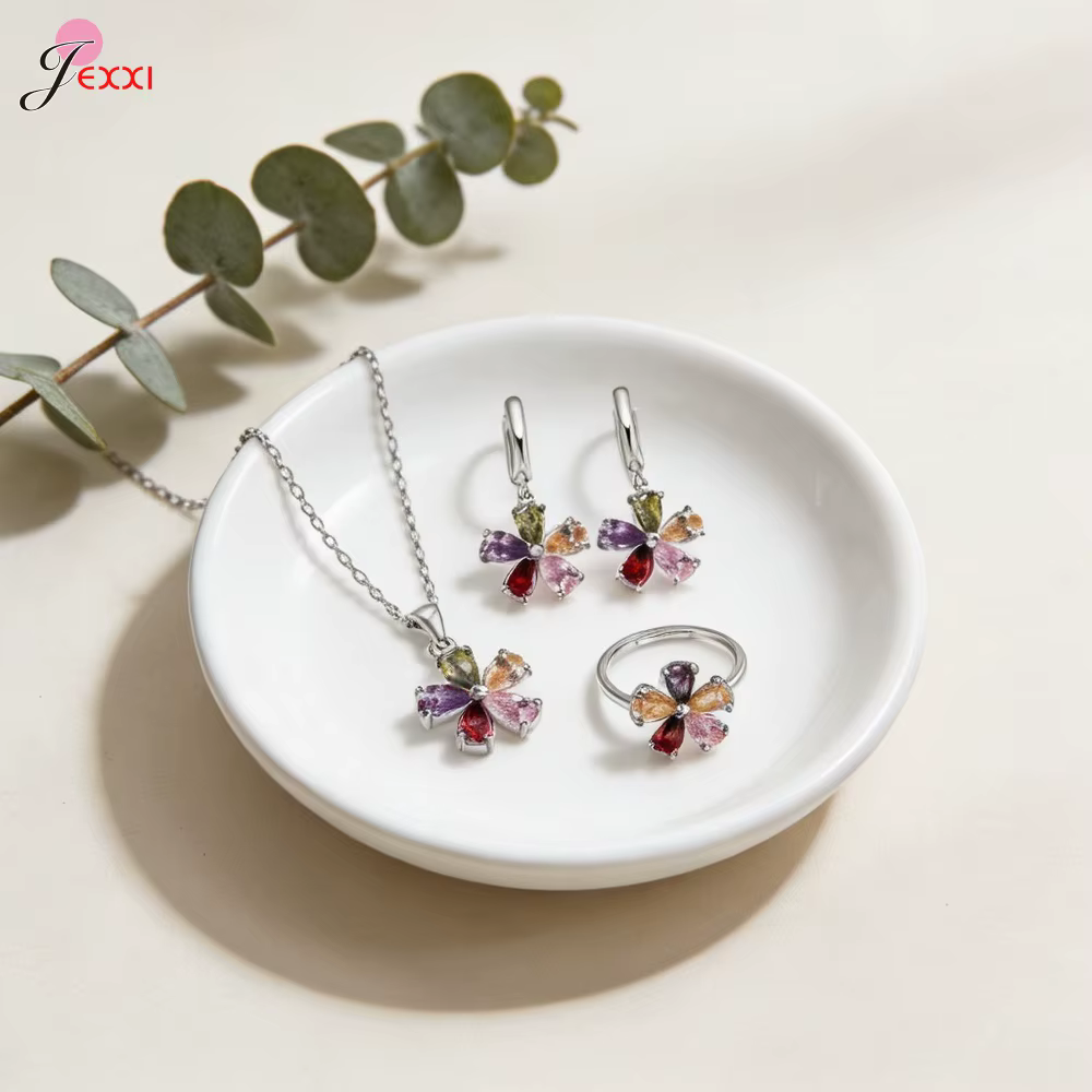 Parure de bijoux en argent sterling 925 véritable, motif floral coloré, avec pendentif fleur multi-p
