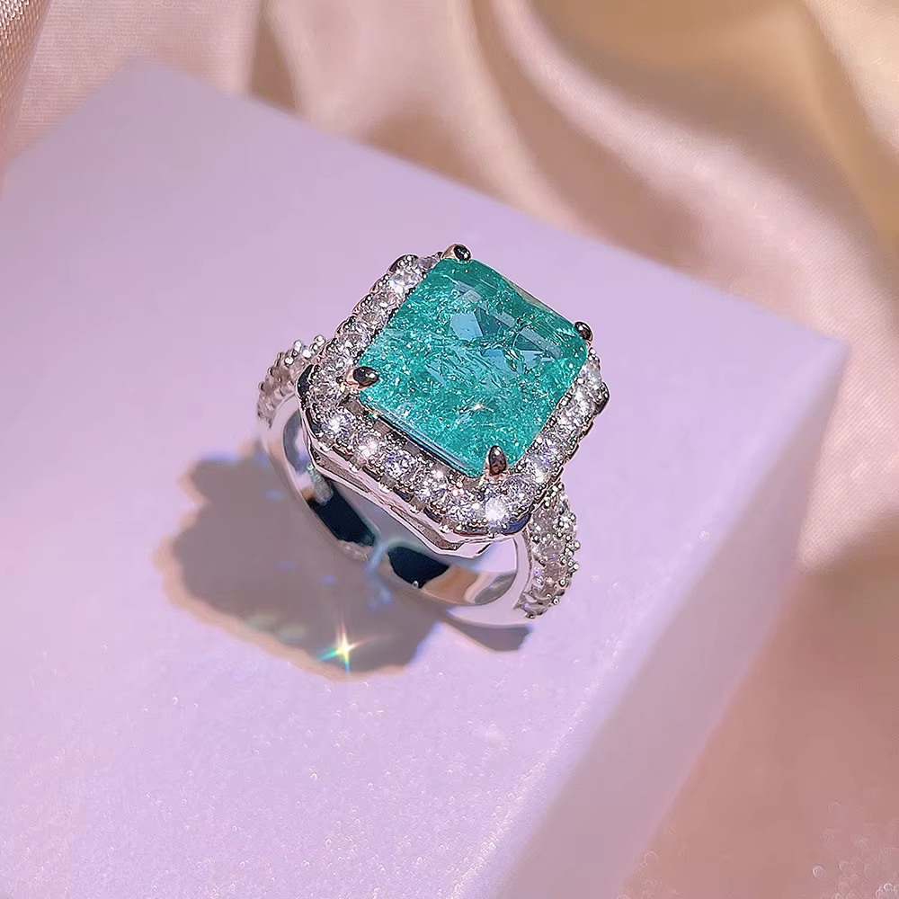 Bague Paraiba carrée trempée pour femme, boucle d'oreille et collier, cadeau de cocktail, vente dire