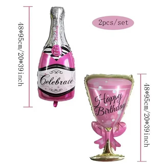 Bouteille de Champagne et verre joyeux anniversaire, grand ballon décoratif, tasse à vin avec nœud p
