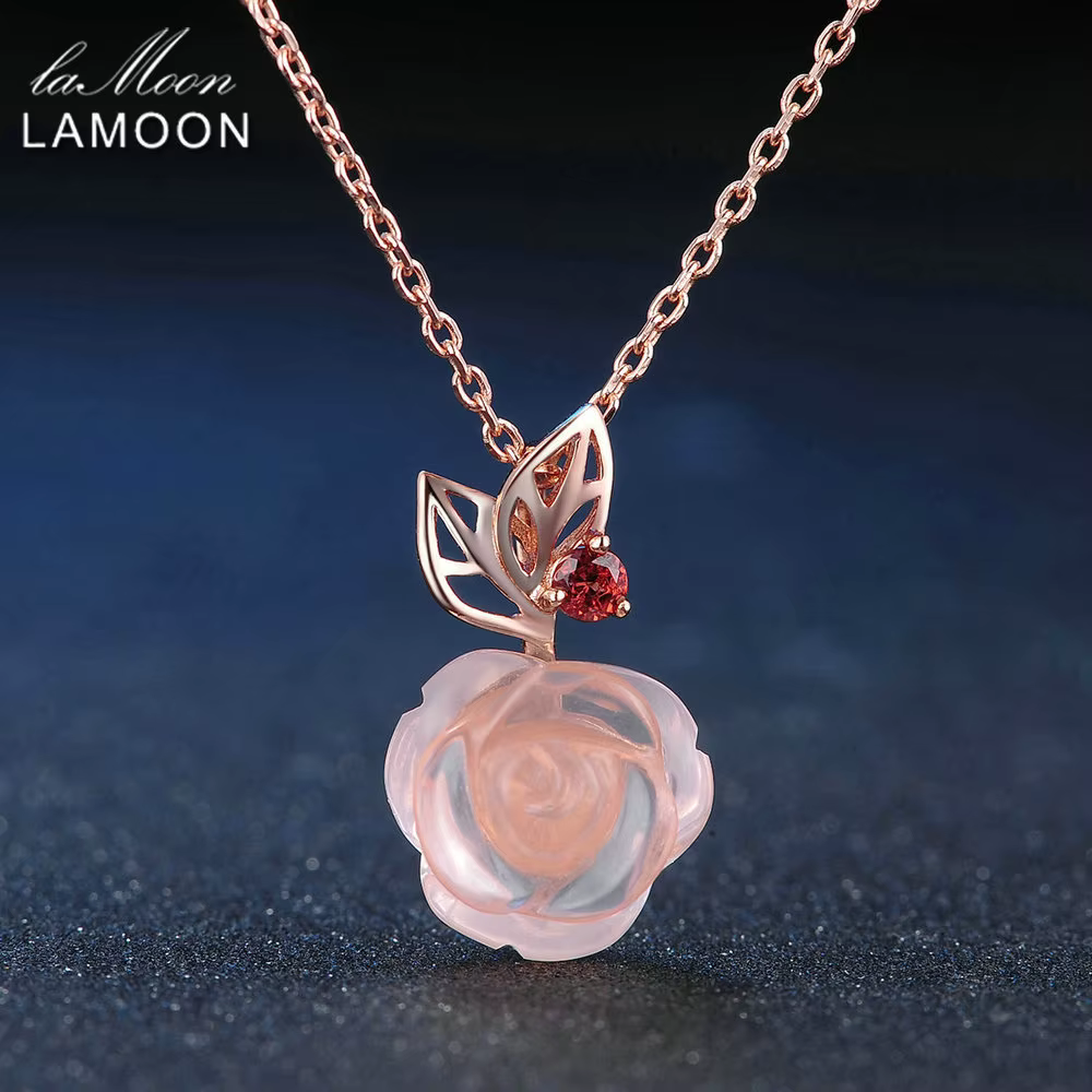LAMOON-Collier en argent regardé 925 avec fleur rose, quartz rose, pierres précieuses, colliers de l