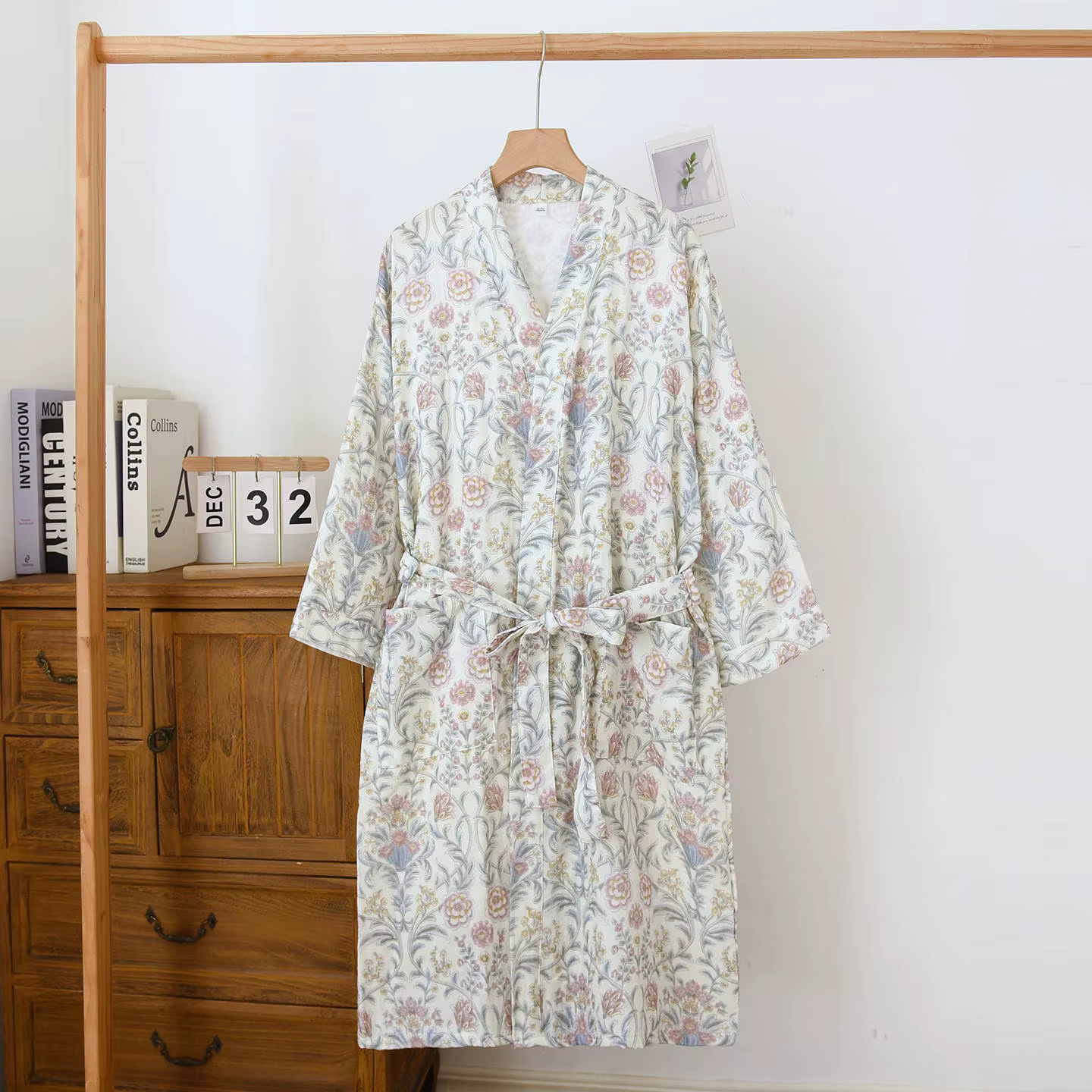 Peignoir en gaze de coton imprimé floral pour femmes, vêtements d'intérieur fins pour le printemps e