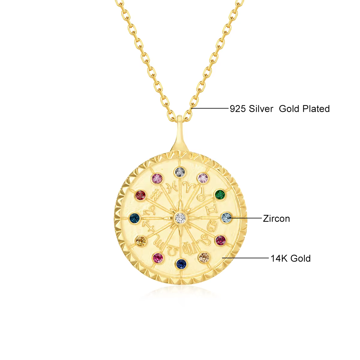 Pendentif en or véritable 14 carats, roue de la fortune, amulette, symboles magiques porte-bonheur, 