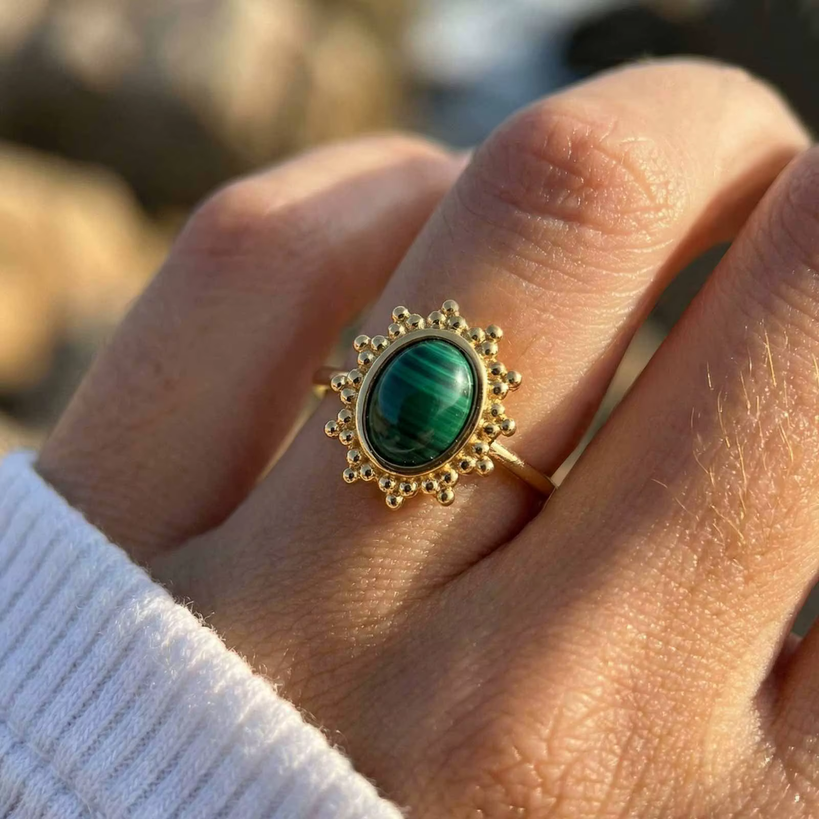 Bague vintage en malachite pour femme, en acier inoxydable plaqué or 18 carats, ajustable, résistant