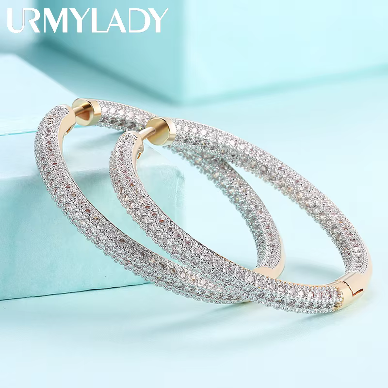 URMYLADY 925 argent Sterling 34mm cercle 24K or brillant Zircon boucles d'oreilles pour les femmes d