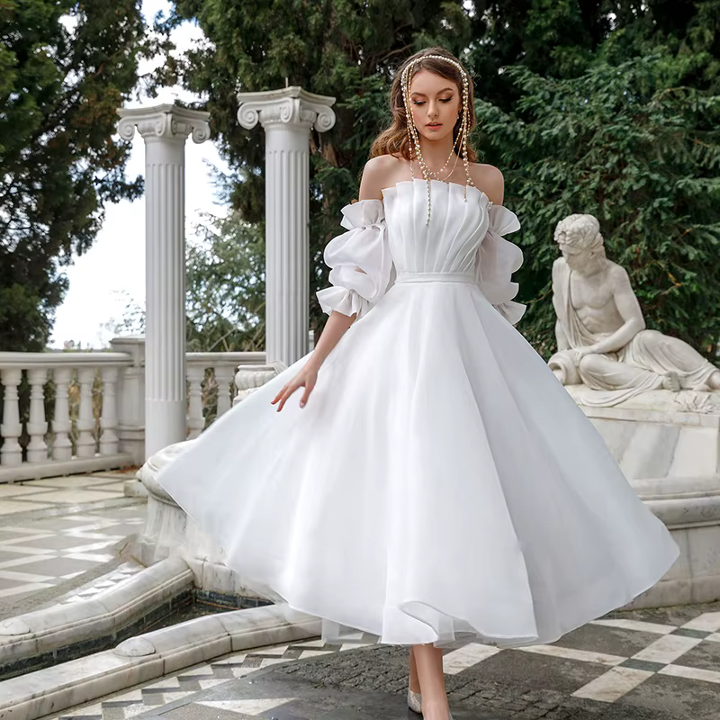 Robes de mariée princesse en organza, robe de mariée sans bretelles, robe longueur thé, manches parf