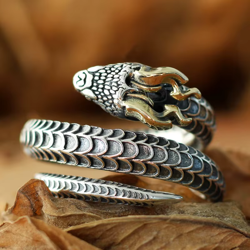 Grand anneau en argent Sterling S925 pour hommes, anneau ouvert serpent à cornes, mode Unique Rock P