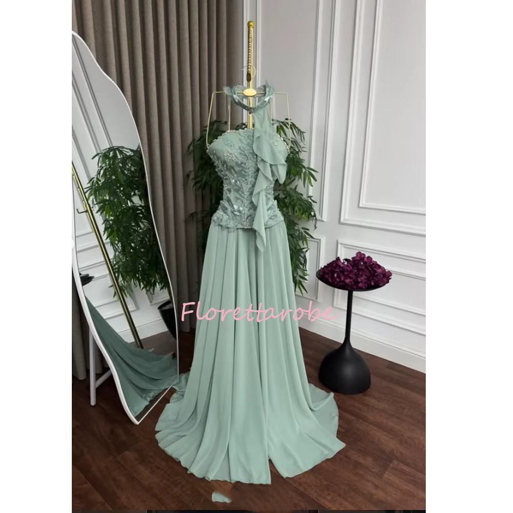 Robe de soirée élégante en mousseline de soie, coupe trapèze, col halter, avec appliques de perles, 