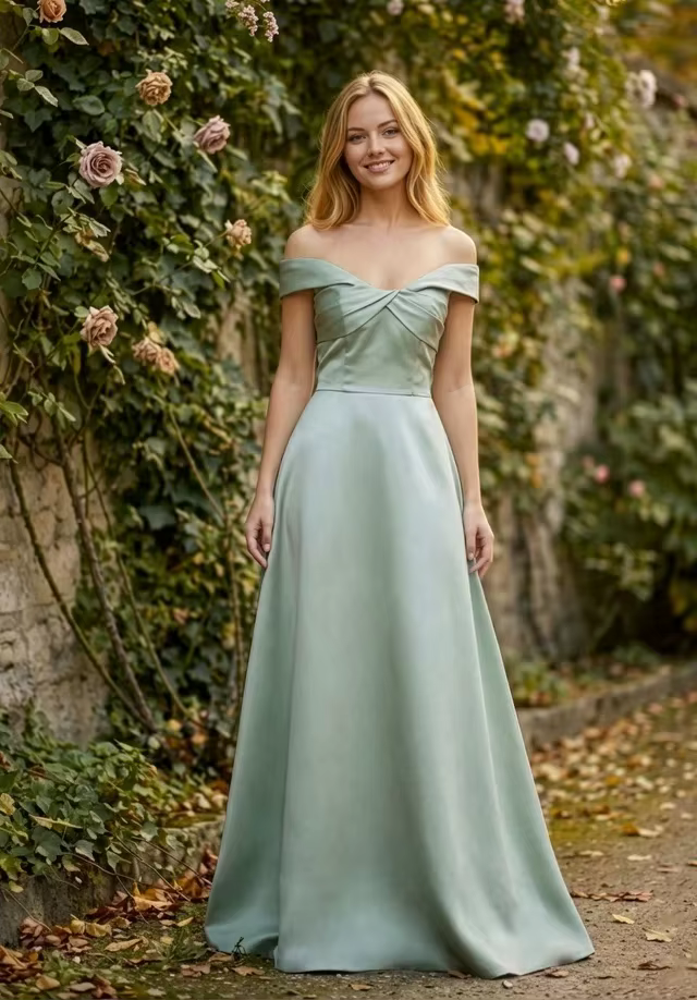 Robe de demoiselle d'honneur personnalisée vert sauge, épaules dénudées, col en V, en satin lisse, l