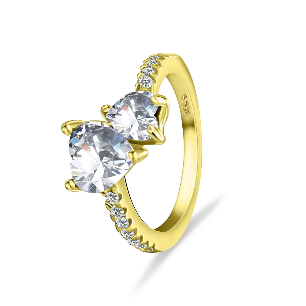 Bague en forme de cœur plaquée or, 2 pierres en forme de cœur en CZ transparentes avec bande décorat