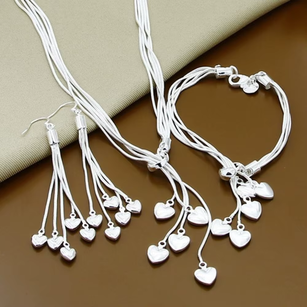 Chaud Noble 925 en argent Sterling amour coeur colliers boucles d'oreilles bracelets ensemble de bij