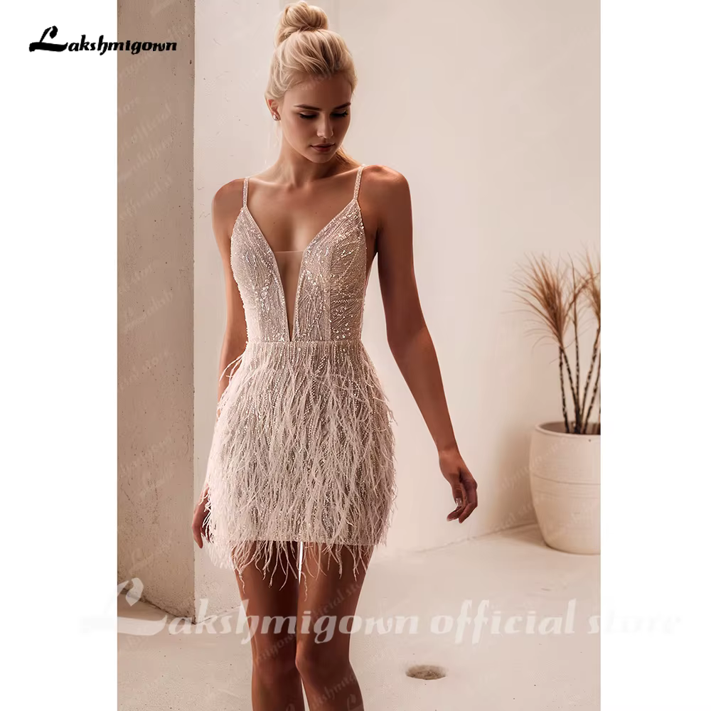 Lakshmigown – robe De mariée Sexy, décolleté en v profond, dos nu, plumes, brillante, personnalisée