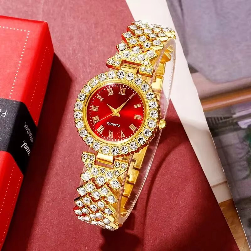 Montre de Luxe Dorée pour Femme, Ensemble de Bijoux, Bague, Collier, Boucles d'Oreilles, Strass, à l