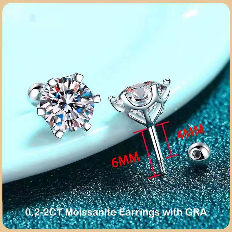 BIJOX STORY – boucles d'oreilles à vis Moissanite pour femmes, couleur D, argent Sterling 925, 6 den