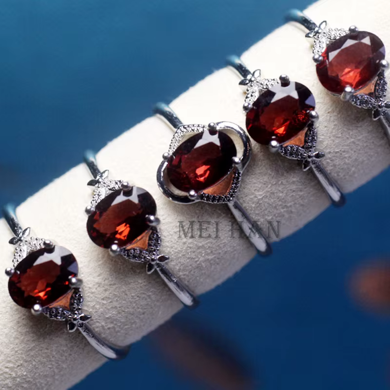 Meihan – bague en grenat naturel pour femmes, coupe de pierres ovales, perles réglables, pour la fab
