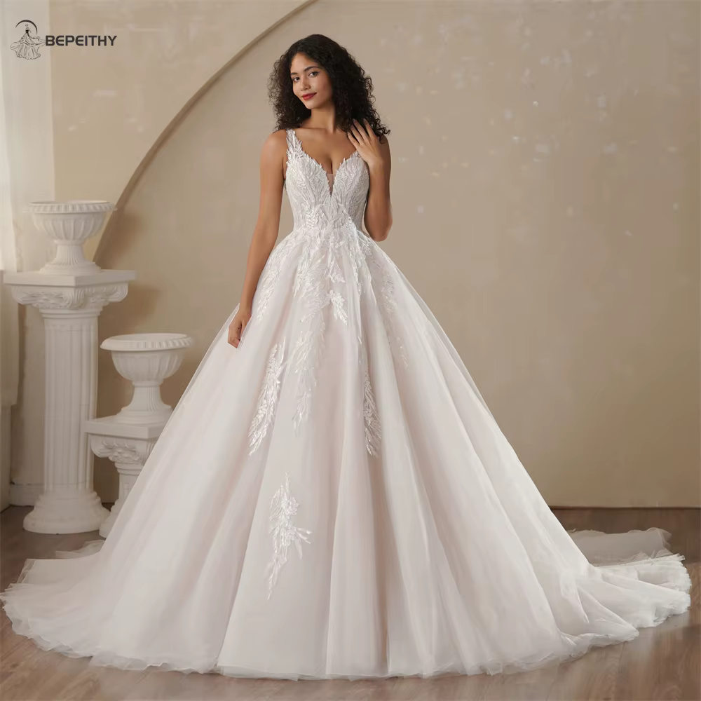 BEPEITHY-Robe de mariée champagne personnalisée A-ligne, col en V, mariée romantique, patients ivoir