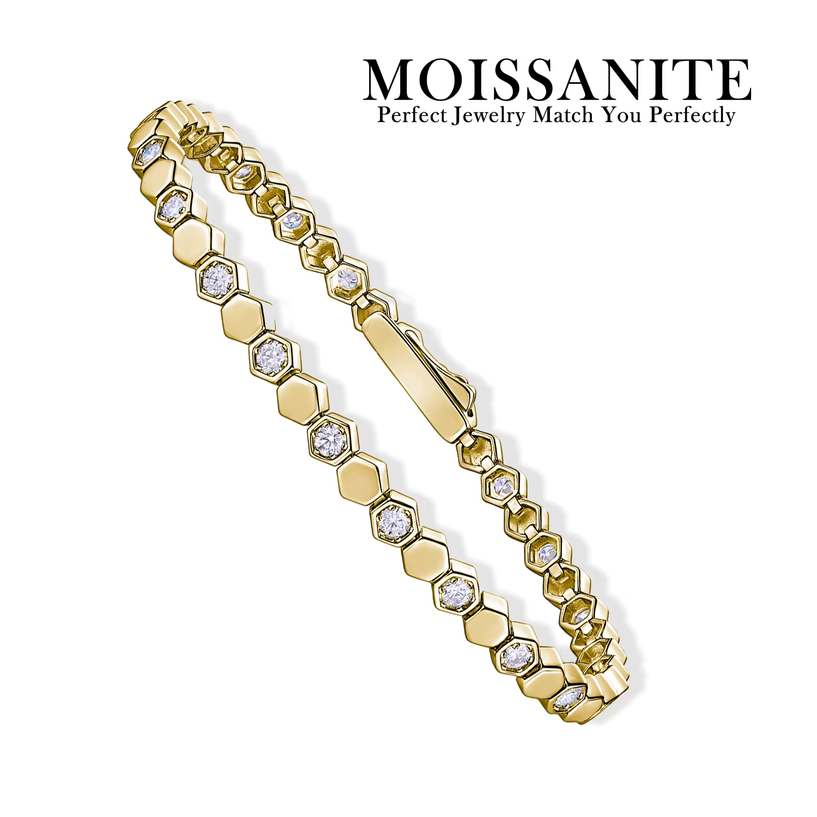 Bracelet de Tennis hexagonal en argent Sterling 925 plaqué or 14K pour femmes, couleur scintillante,