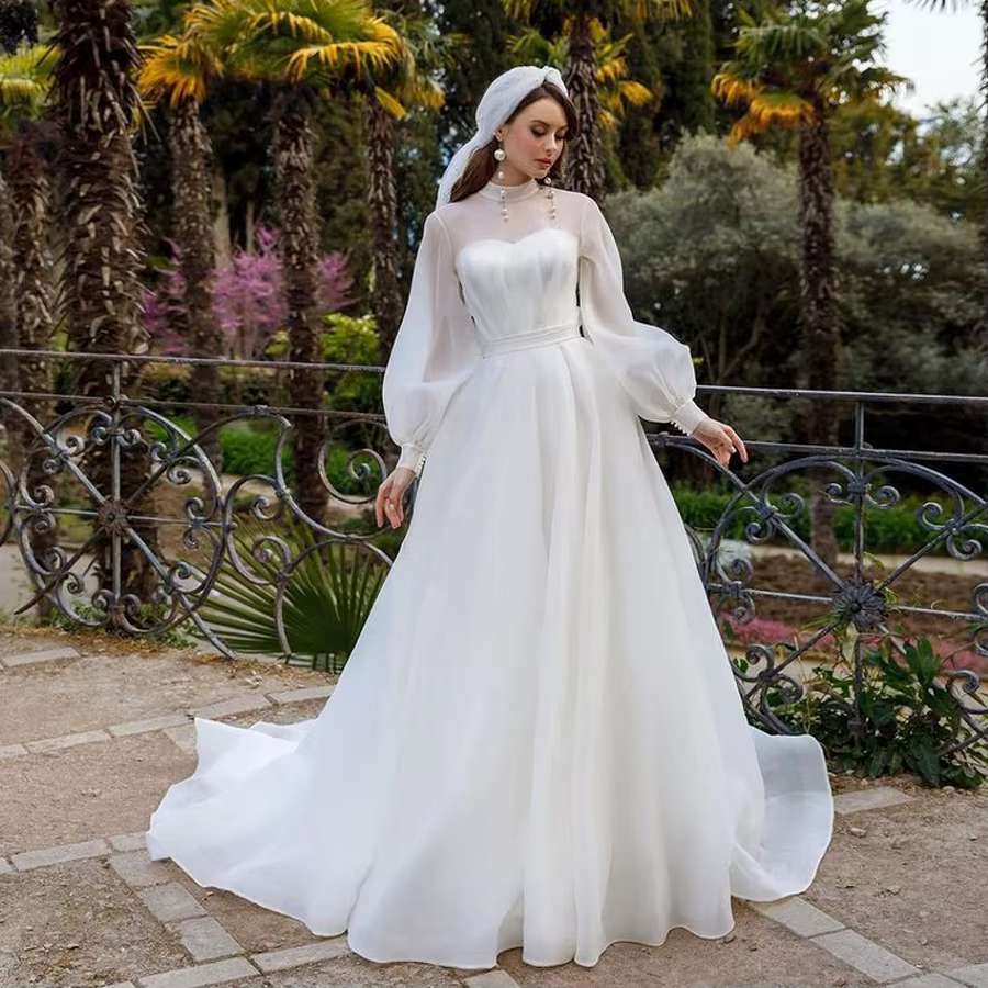 Robe de Mariée Deux Pièces Personnalisée à Col Haut et Manches sulf, avec Ceinture, Style Tendance, 