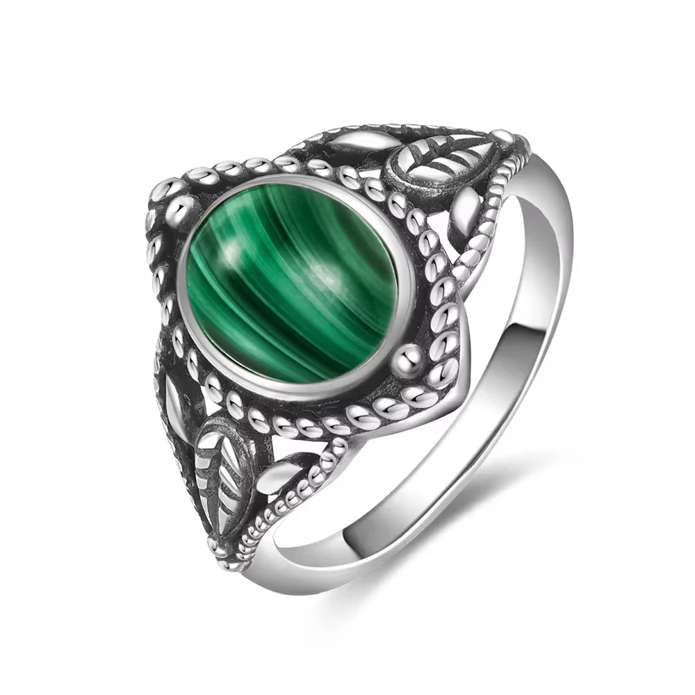 Bague vintage en argent sterling S925, ovale, ronde, en malachite naturelle, en forme de soleil et d