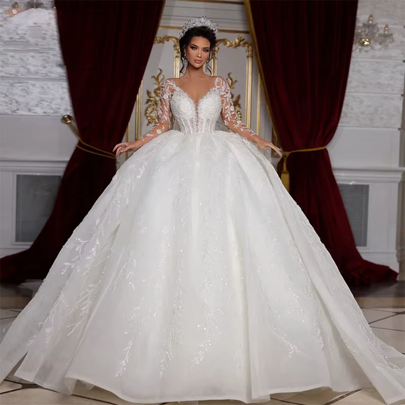 Robes de mariée baroques, dentelle brodée sur tulle avec perles, robe de princesse à manches longues