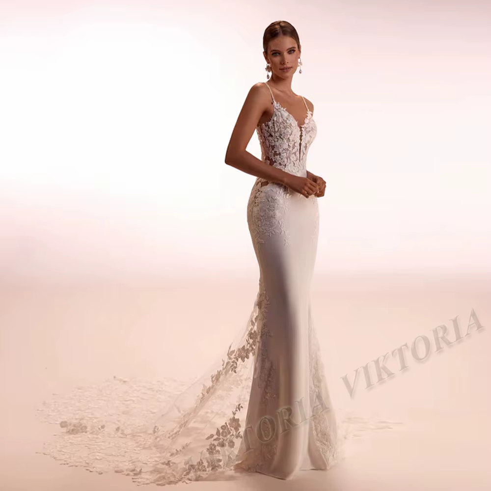 VIKTORIA-Robe de Mariée Luxueuse à Col en V pour Femme, Sirène, Bretelles Spaghetti, Personnalisée