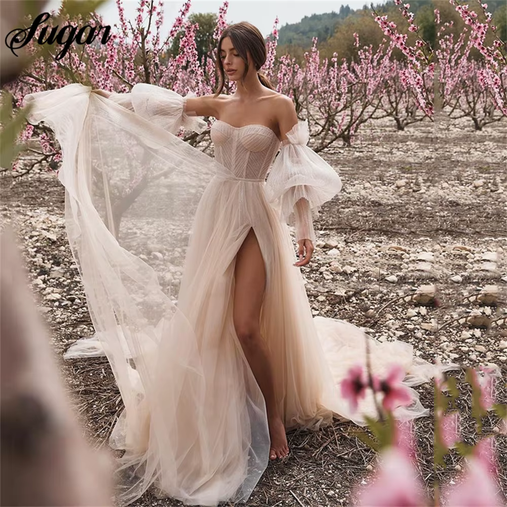 Robe de Mariée Boho Rose Sale avec Manches Bouffantes Amovibles, Robes de Patients, Plis Ky, Fente L